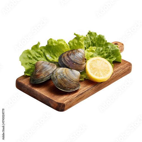 Fresh Clams with Lemon on Wood Board Seafood Still Life Gourmet Dining Seafood Delights Healthy Diet Food Photography