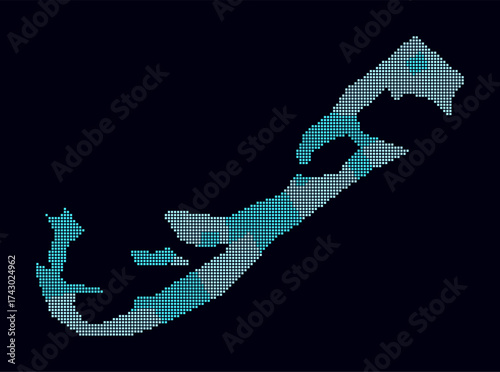 Bermuda dotted map. Digital style map of the country on dark background. Bermuda shape with square dots. Colored dots style. Small size squares. Creative vector illustration.