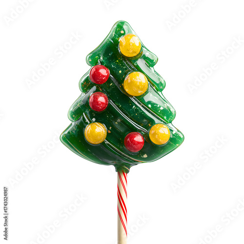 Festive Holiday Treat Green Christmas Tree Lollipop Delight with Red Gold Candy Ornaments Sweet Holiday Candy Festive