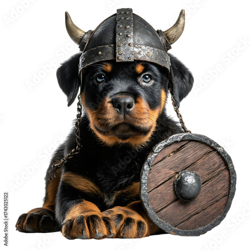 Adorable Rottweiler Puppy Viking Portrait Helm and Shield Dog Costume Cute Funny Pet Puppy Love Animal Photography Black