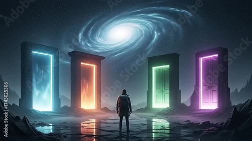 Mysterious Man Contemplating Portals to Other Worlds Under a Galaxy.
