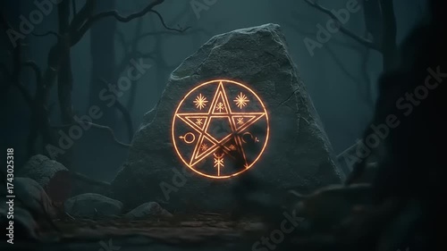 Mysterious stone with glowing pentagram in dark forest