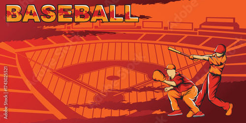 Baseball Sport Background with Baseball Players in Dynamic Motion and Stadium Arena Grunge Style