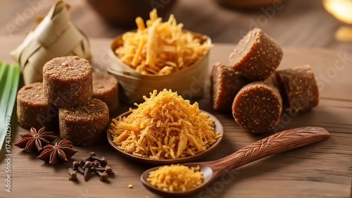 Natural Palm Sugar with Aromatic Spices and Pandan Leaves.