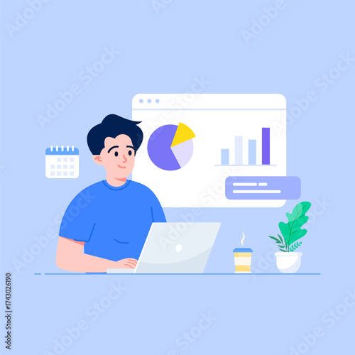 Business goal and target concept. Businessman pointing at bullseye financial target. Strategy for success, achievement, financial growth chart. Idea and innovation. Vector illustration.