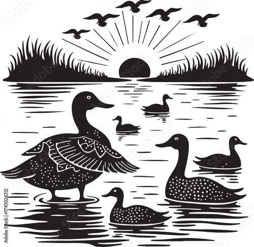 Black and white illustration of ducks at sunrise with birds flying