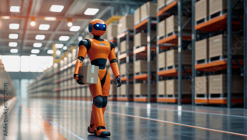 Inovação em logística: robô autônomo carregando caixa em armazém moderno