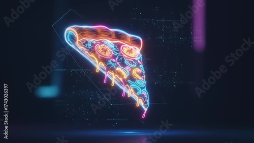 Neon Pizza Slice Animation with Colorful Lights and Dark Background.