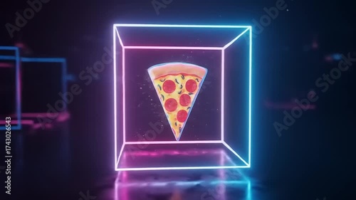 Neon Pizza Slice Inside a Glowing Cube in a Dark Environment.