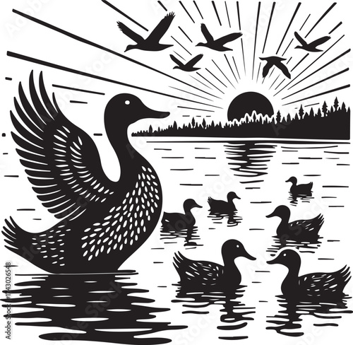 Black and white illustration of ducks swimming at sunrise