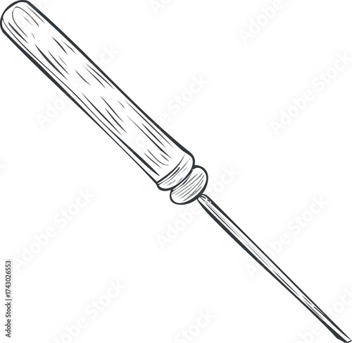 A detailed illustration of a hand-drawn awl tool, ready for piercing materials.
