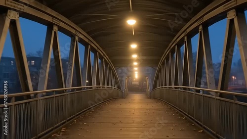 Nighttime Journey Over a Covered Metal Footbridge.
