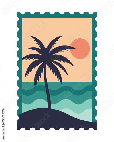 Vector art of palm tree on a tropical island at sunset in a postage stamp design, vector illustration