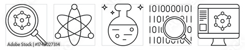 Research-related icons set. Vector editable stroke.