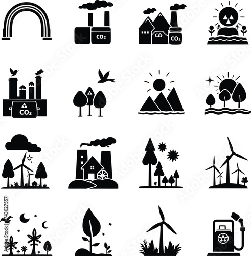 Collection of environmental and industrial icons depicting pollution and sustainability issues silhouette
