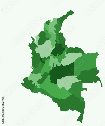 Map of Colombia with regions. Just a simple country border map with region division. Green color palette. Flat Republic of Colombia shape with administrative division. Vector illustration.