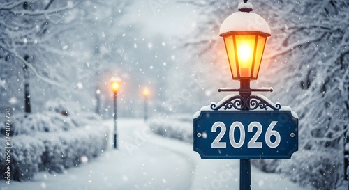 A snowy winter scene with a glowing street lamp and a sign reading 2026.