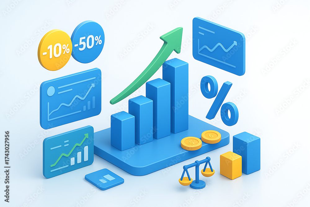 3d Business graph with percentage, shopping discount and tax adjustment concept, interest rate changes to fight inflation, investment return, and retail sales growth strategy