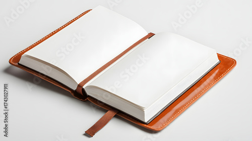 Open notebook leather cover blank page ribbon bookmark minimalist studio eco friendly premium brown stationery journal paper writing diary planner organizer sketchbook study office school supply