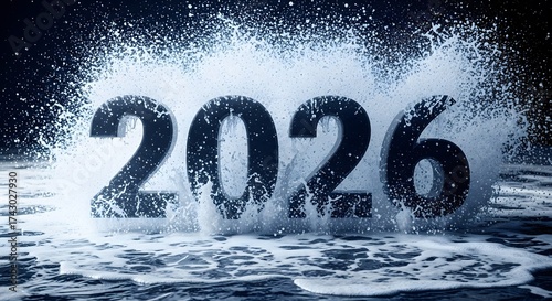 3D numbers '2026' emerging from a splash of water.