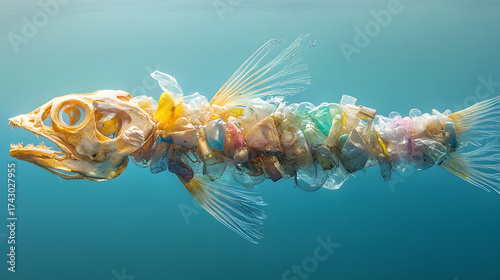 Fish skeleton plastic waste ocean pollution marine debris environmental concept underwater blue water climate impact wildlife conservation