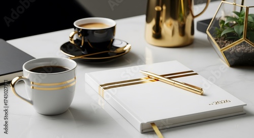 A white journal with gold accents and the year 2026 on a marble table with coffee cups, a gold pen, and a terrarium.