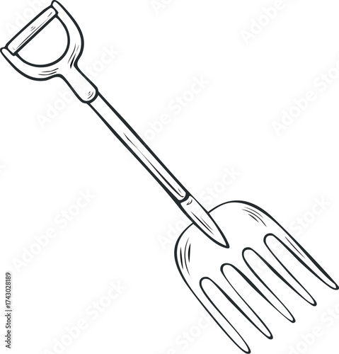Illustration of a gardening fork with a D-shaped handle, angled diagonally on a white background.