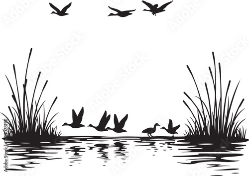 Black silhouette flock of ducks flying over water with reeds