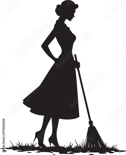 Black silhouette of a woman in a dress holding a broom