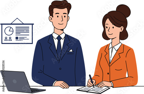 Business teamwork illustration, office collaboration, professional discussion, workplace productivity, corporate strategy, project planning, leadership skills, data analysis, career growth