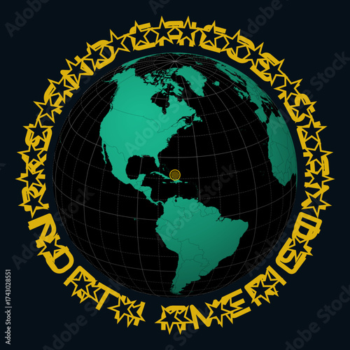 Turks and Caicos Islands on Globe. Round country and continent name text. Country view on world map in Black Emerald color palette. Turks and Caicos Islands shape on map. Creative vector illustration.