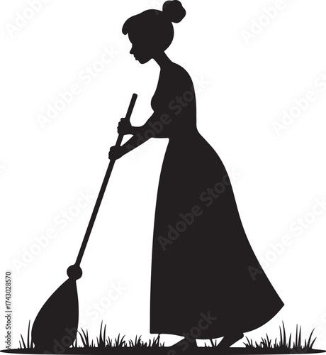 Black silhouette of a woman sweeping grass broom