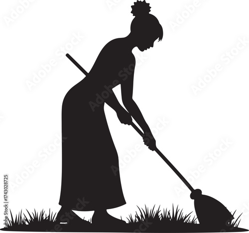 Black silhouette of a woman sweeping grass cleaning