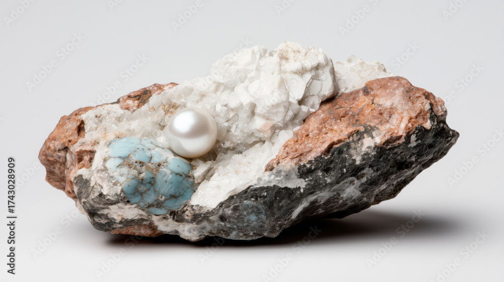 Obraz premium Stunning mineral specimen featuring large turquoise gemstone and lustrous pearl nestled among white crystalline formations. contrast of colors and textures creates captivating visual appeal