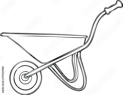 Line art depiction of a wheelbarrow, showing its frame, wheel, and handle against a white background.