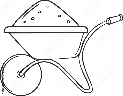 Monochrome line art illustration depicting a robust wheelbarrow filled to the brim with loose material like sand or soil, commonly utilized for construction, gardening, or landscaping projects
