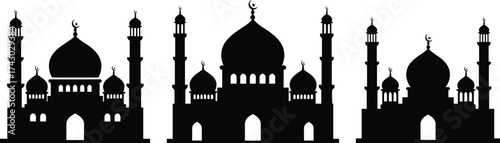 Islamic mosque silhouette vector illustration, Arabic architecture design, Muslim culture, religion art, worship place, spirituality, faith, holy buildings, symmetry