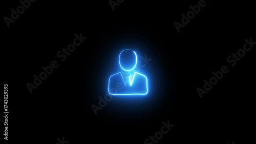 Glowing blue neon outline of a person in a suit icon on a black background silhouette user