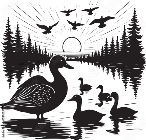 Black silhouette of ducks on water with sunrise and pine trees