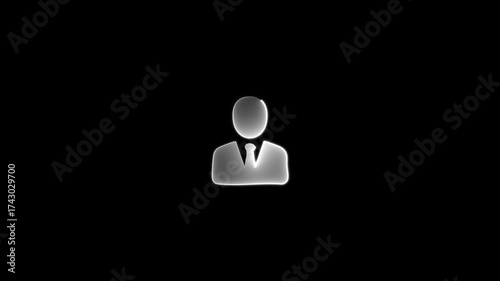 White glowing outline of a person in a suit icon on a black background silhouette user