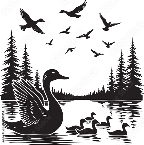 Black silhouette of ducks swimming on water with flying birds and pine trees