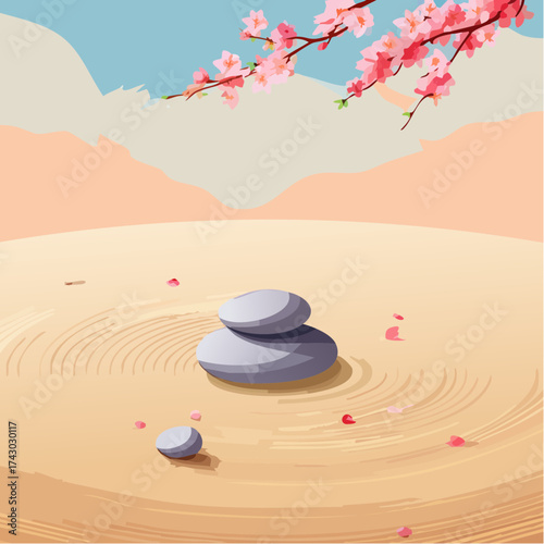 Abstract flat vector illustration of a serene Zen garden, showcasing delicately balanced stones and vibrant cherry blossoms on raked sand, embodying peace and natural harmony