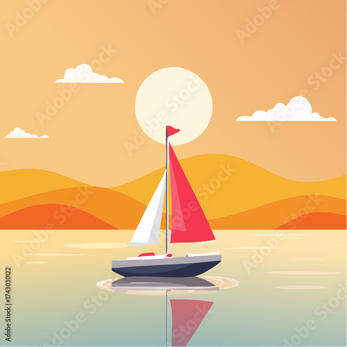 Peaceful sailboat with red sails navigating calm ocean waters during a beautiful and serene golden hour sunset, a minimalist flat vector illustration