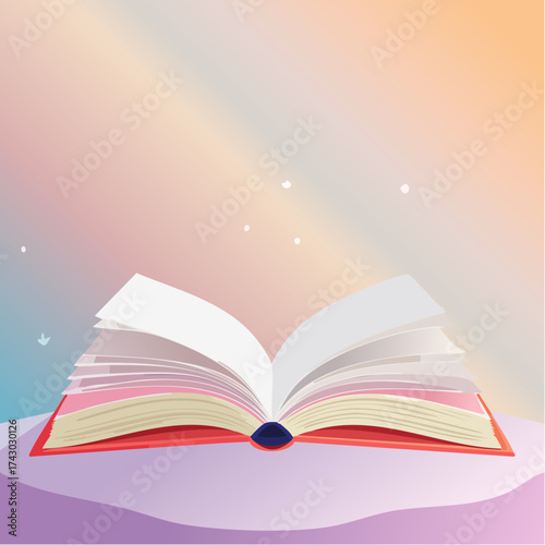 Vector art depicting a single open book with empty white pages, resting on a smooth surface. A simple and clean illustration with a colorful background
