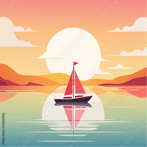 Serene Sailing Flat Vector Illustration of a Boat on Calm Water at Sunset