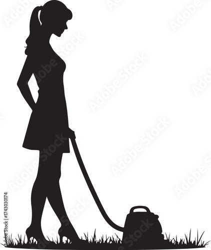 Black silhouette of woman vacuuming grass female vacuum cleaner