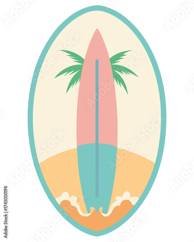 Vector art of retro surf badge with surfboard, palm tree, beach, and wave for summer vibes design