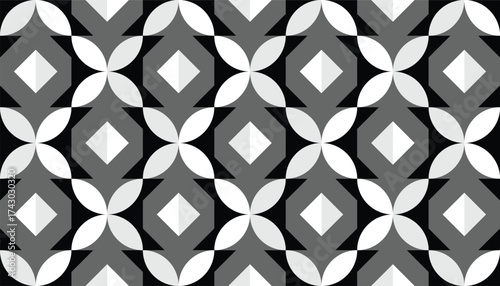 Seamless Monochrome Geometric Pattern with Diamond and Petal Shapes. Elegant black, white, and gray seamless geometric pattern featuring repeating diamond and petal shapes. 