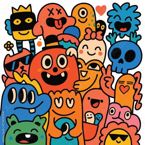 Colorful monster doodle cartoon character group happy playful cute fun cheerful joyful