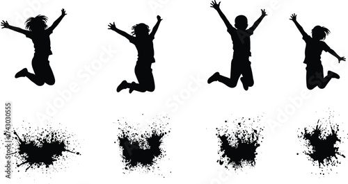 Joyful children jumping silhouette with ink splatter effect, creative kids motion design expressing happiness, freedom, fun, and playful artistic energy